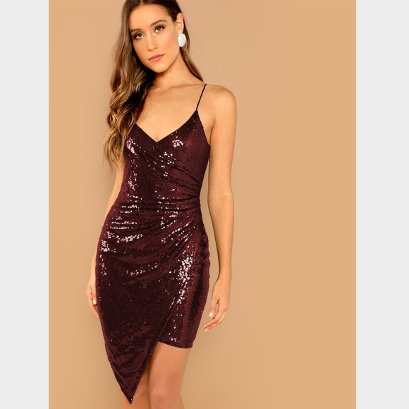 Surplice Wrap Sequin Cami Mini Dress Burgundy - Picture 6 of 7